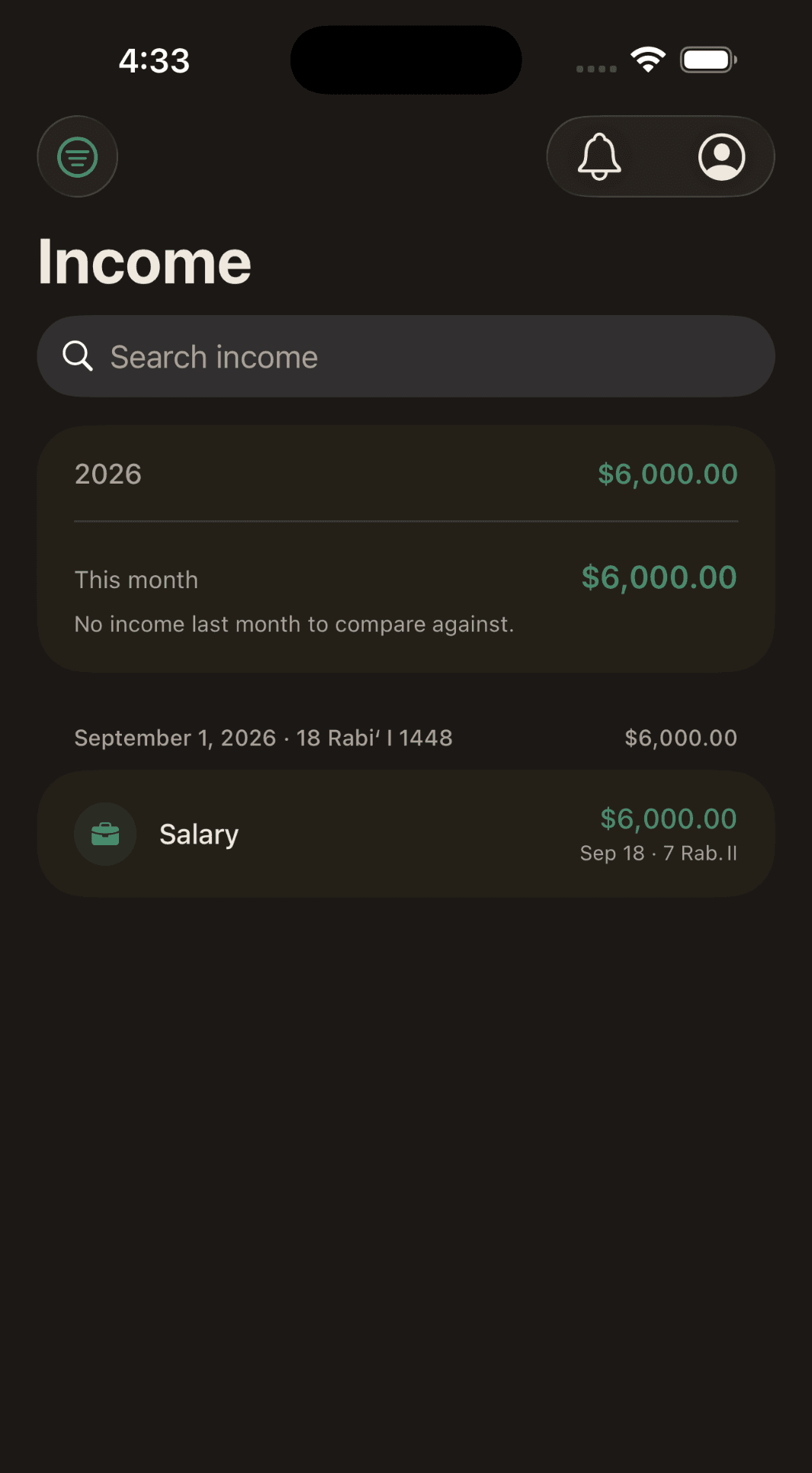 The Income screen: a search field, this year's and this month's income, and a salary entry dated in both calendars.