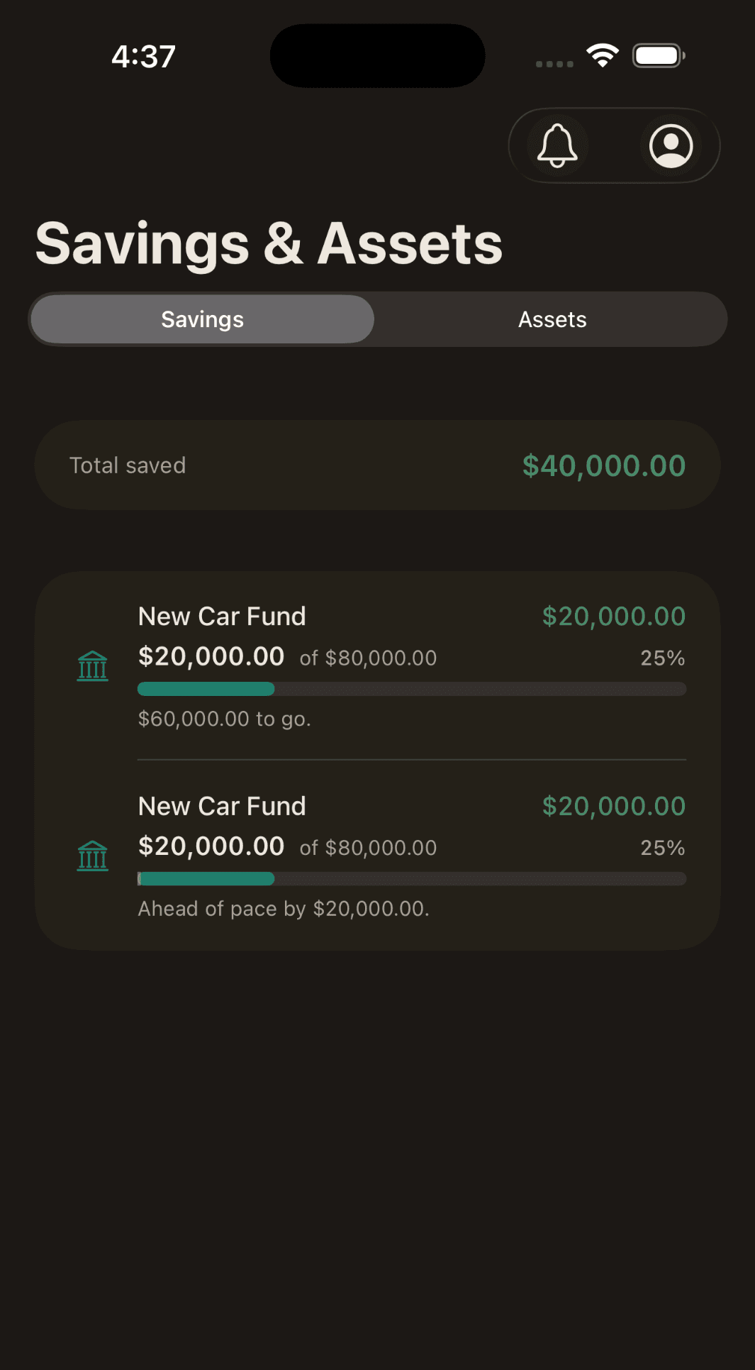 The Savings tab: the total saved, and savings goals with progress bars towards their targets.